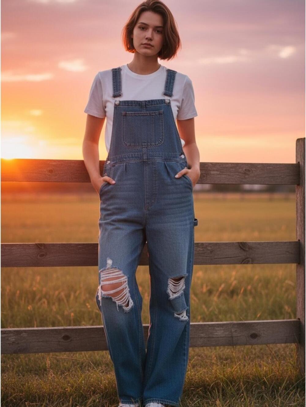 NIB SHEIN Light Blue Distressed Denim Overalls Jumpsuit